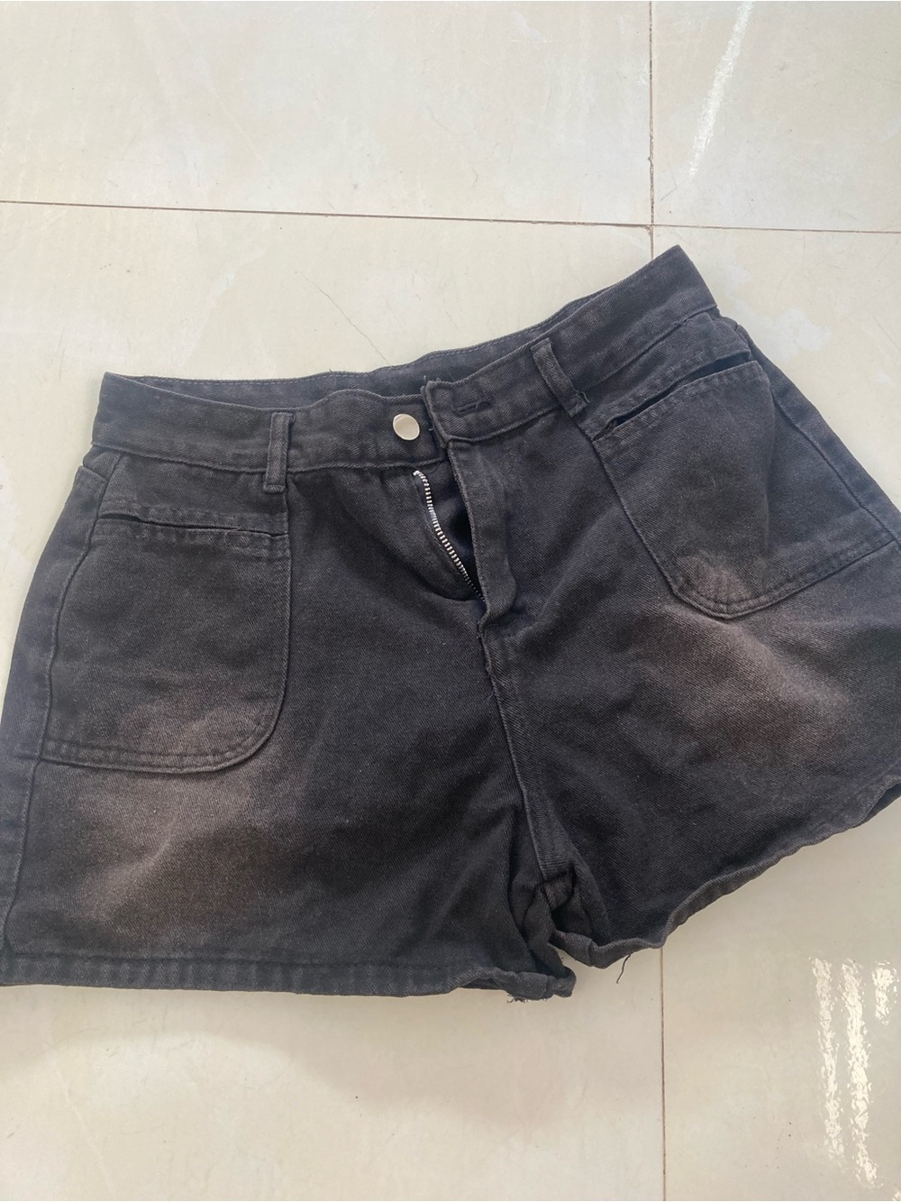 High-Rise Black Denim Shorts with Front Patch Pockets